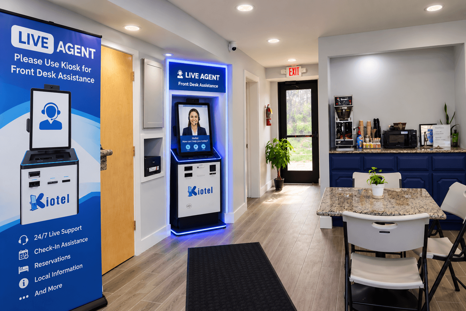 Self-service check-in kiosk in the Envi Boutique Hotel lobby